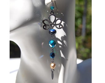 Long earrings, teal black gold, elegant, bright, original, faceted Czech glass, gunmetal scroll