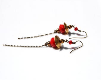 Boucles d'oreilles longues fines, rouge vieil or bronze, boucles d'oreilles mobiles, modernes, raffinées chic, chaîne billes bronze