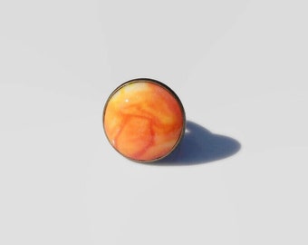 Bague ronde ajustable, orange, cabochon pâte polymère, FIMO, lumineuse, automne été,pièce unique,support métal couleur bronze