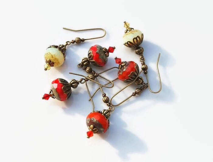 Boucles D'oreilles Clips Anciennes En Pâte De Verre Orange - Pendantes, Occasion