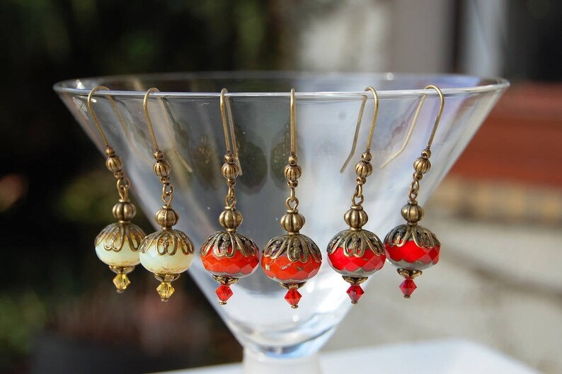 Boucles d'oreilles vintage, rouge orange jaune vanille, potiron verre