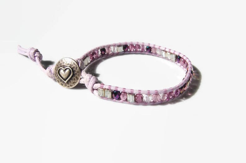 Bracelet wrap 1 tour, violet lilas rose argent, romantique, Boho chic, lumineux, verre tchèque , Miyuki, bouton coeur argent image 3