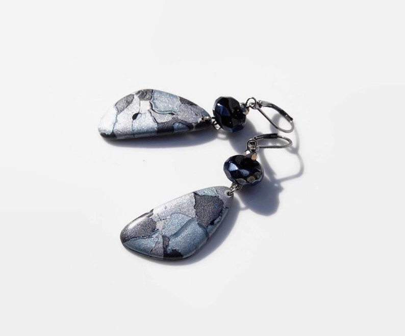 mosaic blue grey gray hematite original elegant pattern unique piece Pendant necklace polymer clay