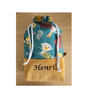 Pochon enfant personnalisable, cadeau de naissance, sac a doudou, sac a goûter JUNGLE JAUNE