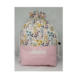 Pochon enfant personnalisable, cadeau de naissance, sac a doudou, sac a goûter FLEURS