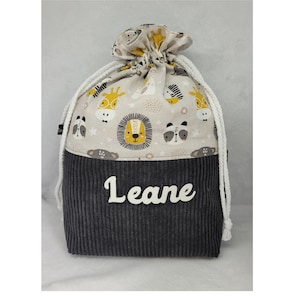 Pochon enfant personnalisable, cadeau de naissance, sac a doudou, sac a goûter LION