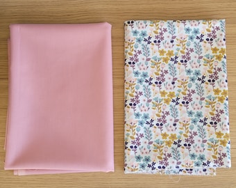 Tissu coton imprimé FLEURI + Tissu uni ROSE