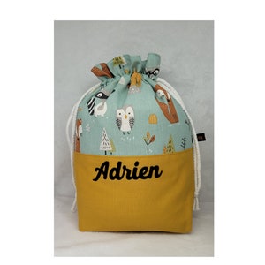 Pochon enfant personnalisable, cadeau de naissance, sac a doudou, sac a goûter HIBOU