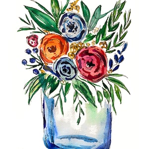 Flowers in Vase Print | Watercolour Flower print | Bright Floral print | Peony Print | Colourful Flowers Poster | Flower Art | Nature