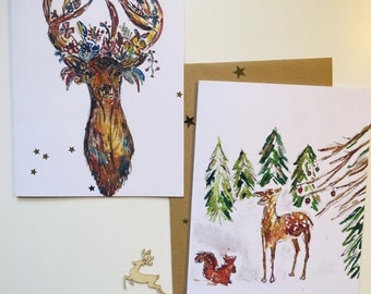 Christmas Cards Pack of 2 | Stag Christmas Card | Bambi Christmas Cards | A5 Christmas Cards | Greetings Card | Handmade Christmas Cards