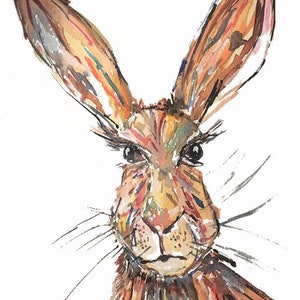 May include: Watercolor painting of a brown rabbit with large ears and a curious expression. The rabbit's fur is painted with a variety of colors, including orange, yellow, and brown. The rabbit's eyes are black and its nose is pink.