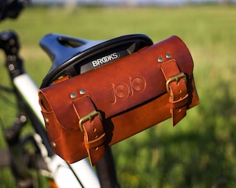 Handmade tool bag, Leather bicycle saddle bag, Handcrafted bike, Bag brass fittings, Personalized gift