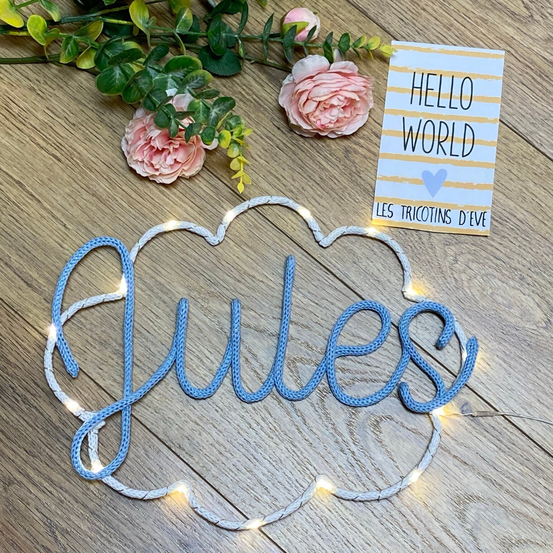 Veilleuse Nuage Pour Bébé Réalisé en Tricotin , Prénom Lumineux, Cadeau de Naissance Unique et Perso