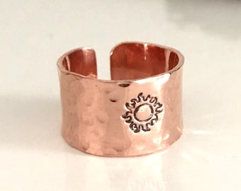 Wide copper boho ring, 7th anniversary gift, Arthritis ring, Sun ring, Adjustable ring