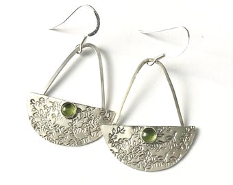 Peridot sterling silver earrings Rustic silver earrings Stamped handmade earrings Leafy earrings Silver gift for women August birth stone