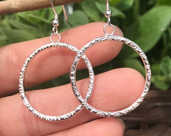 Sterling silver stamped hoops Drop hoop earrings Silver hoop earrings Handmade earrings