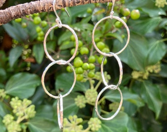 Triple hoop dangle earrings, sterling silver long earrings