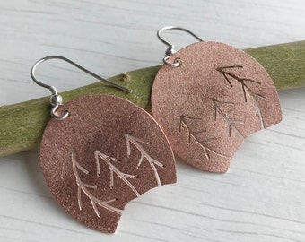 Pine tree copper earrings Unique forest earrings Nature lover drop earrings Artistic one of a kind frosted earrings
