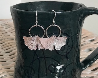 Silver gingko earrings Botanical earrings Handcrafted leaves earrings Dangle sterling silver earrings Boho jewellery  Plant earrings