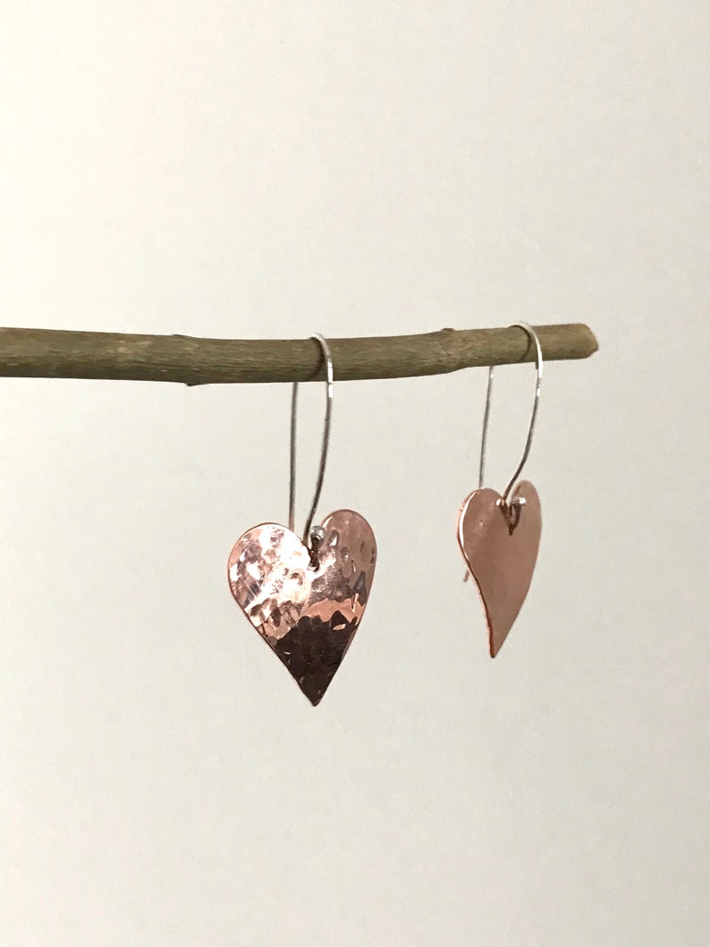 Copper heart earrings Copper anniversary present 7th anniversary gift for her Mixed metal artisan earrings image 3