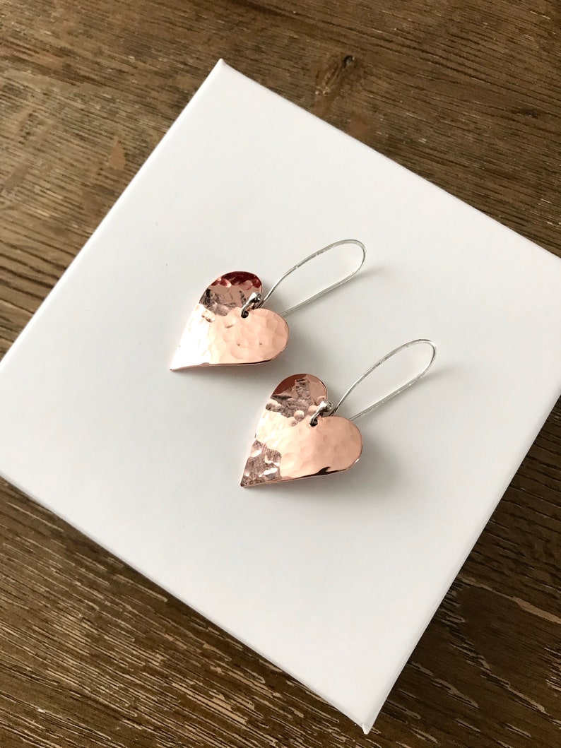 Copper heart earrings Copper anniversary present 7th anniversary gift for her Mixed metal artisan earrings image 1