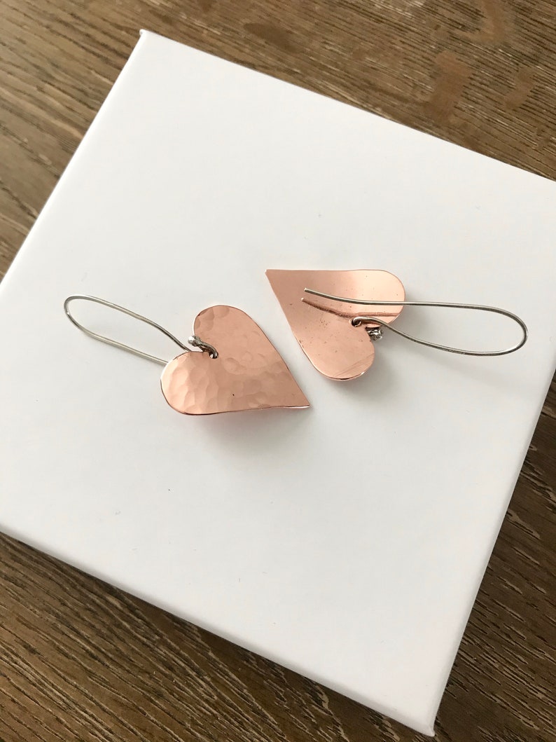 Copper heart earrings Copper anniversary present 7th anniversary gift for her Mixed metal artisan earrings image 4