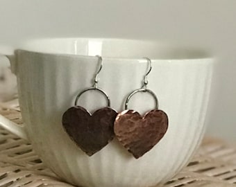 Large heart earrings Copper and silver earrings Love hearts dangle earrings Mixed metal jewellery Handcrafted earrings Boho heart earrings