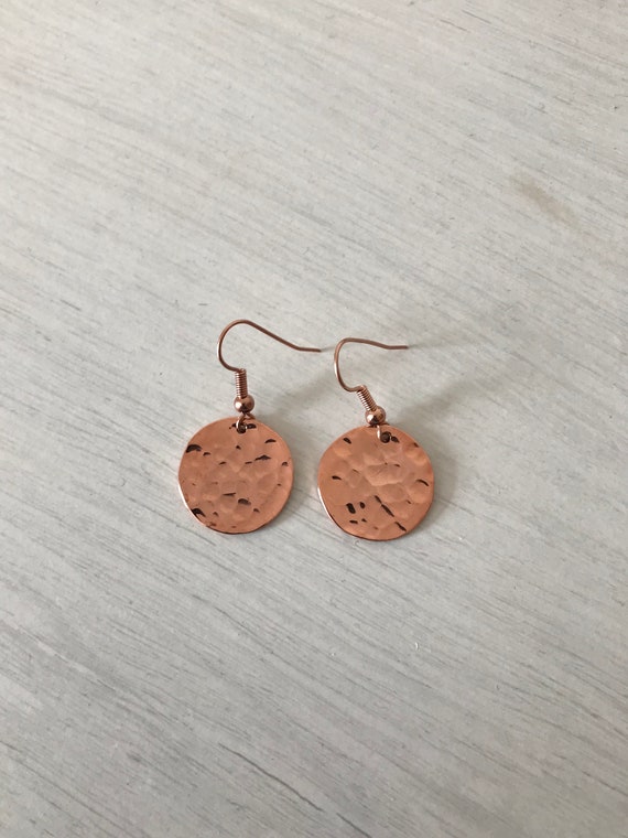 Copper Disc Earrings Small Disc Hammered Copper Drop Earrings Etsy UK