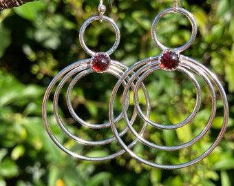 Multi circle earrings / triple hoop earrings / garnet earrings