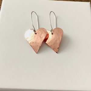 Copper heart earrings Copper anniversary present 7th anniversary gift for her Mixed metal artisan earrings image 5