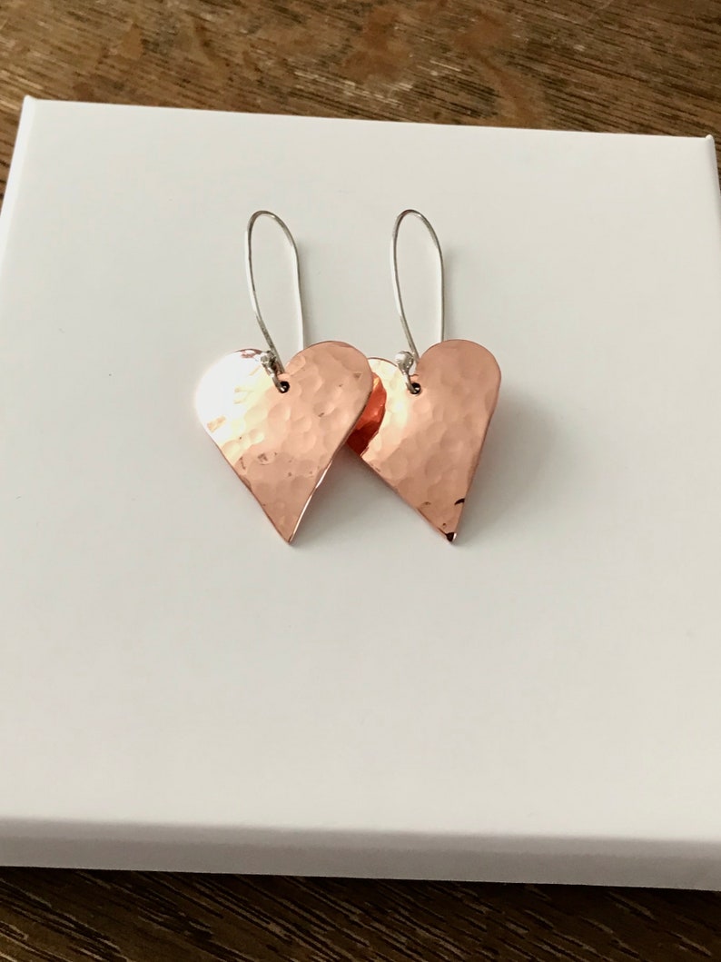 Copper heart earrings Copper anniversary present 7th anniversary gift for her Mixed metal artisan earrings image 5
