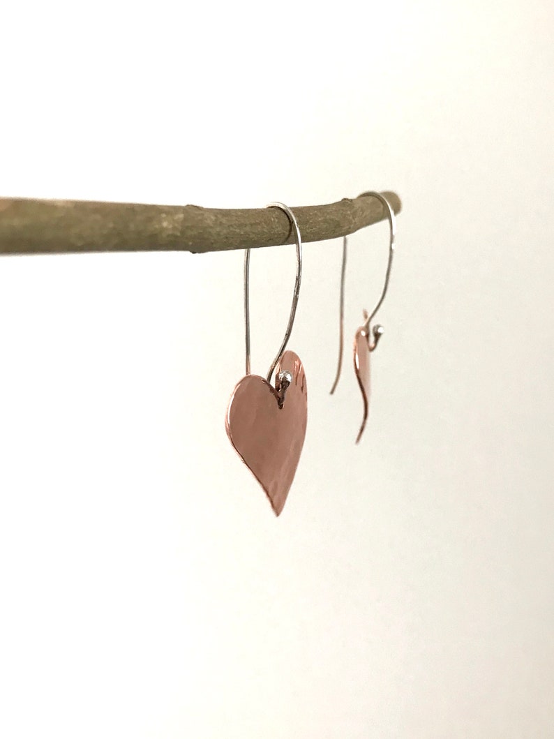 Copper heart earrings Copper anniversary present 7th anniversary gift for her Mixed metal artisan earrings image 2