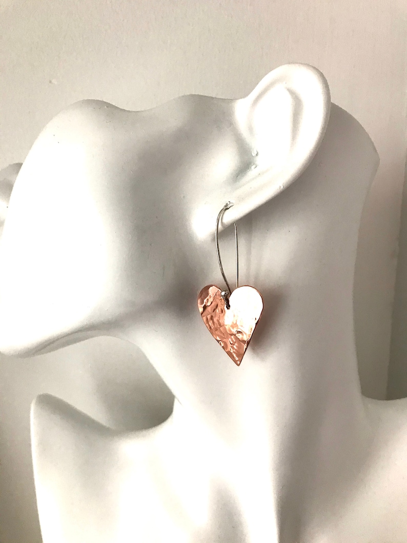 Copper heart earrings Copper anniversary present 7th anniversary gift for her Mixed metal artisan earrings image 8