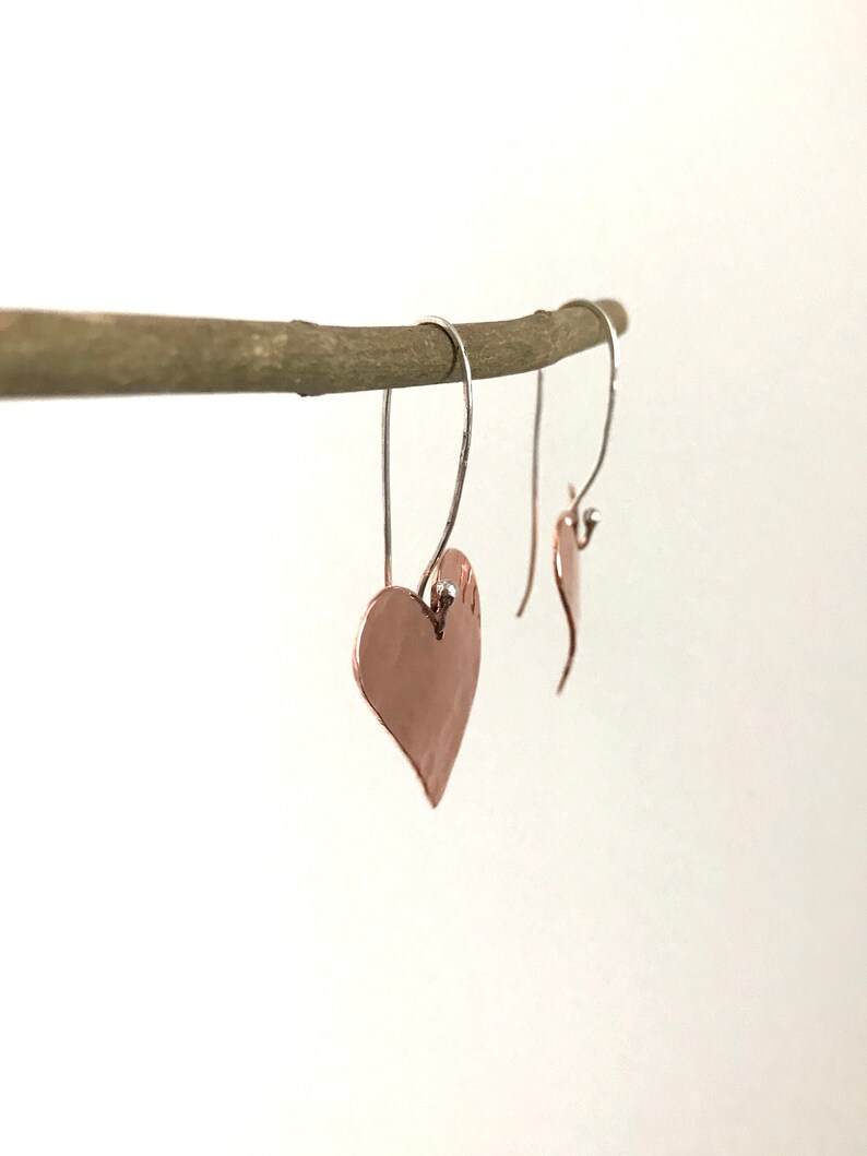 Copper heart earrings Copper anniversary present 7th anniversary gift for her Mixed metal artisan earrings image 9