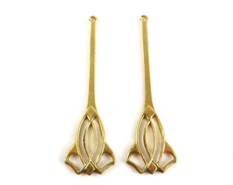 2 long drop pendant brass stamping Art Nouveau vintage retro raw 44 m x 13mm. V-071