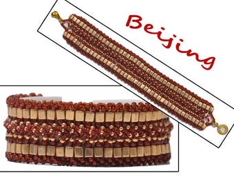 Bracelet "Beijing" rouge/doré, tissage à l'aiguille