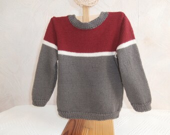 pull garçon 2 ans en laine tricoté main gris et rouge foncé