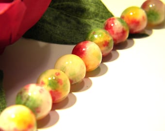 10 perle di giada, perline di giada da 10 mm - gemme di pietra fine - giada - pietra naturale, arancio, toni verdi, Q175