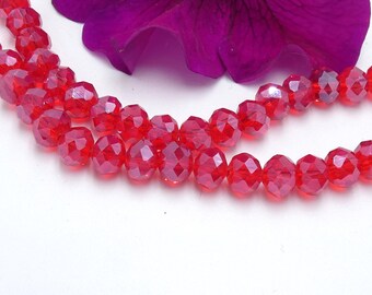 Faceted glass beads, 8 mm electroplated glass - iridescent red - 35 faceted abacus beads, glass beads in 8 X 6 mm - Q277-4