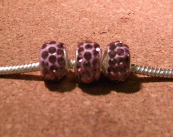 3 perle européenne strass pour bracelet  style pandor@ trollbeads -lilas- 12 x 7.5 mm D101