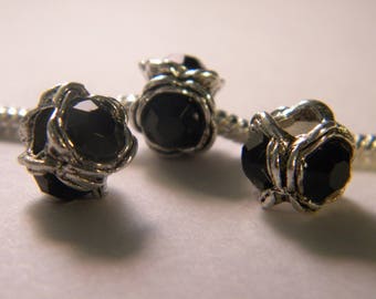 2 perle charms européenne- 3 strass- cristal noir- ARGENT - 10 x 8 mm C35-3