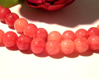 25 perles en verre craquelé 8 mm- perle de verre façon jade - rouge  2 tons - perle verre 2 tons A193-6
