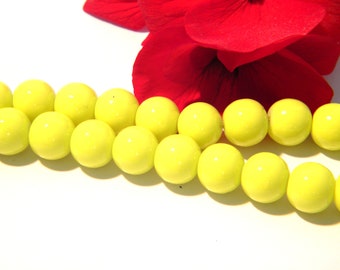 neon yellow glass beads - 8mm glass pearl, 50 Pcs smooth and shiny pearl, bakingpaint glass - A263