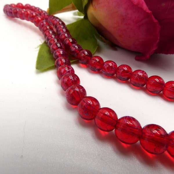 100 transparent glass beads - 6 mm drawn bead - glass bead - drawbench- red translucent bead threaded white - Q330