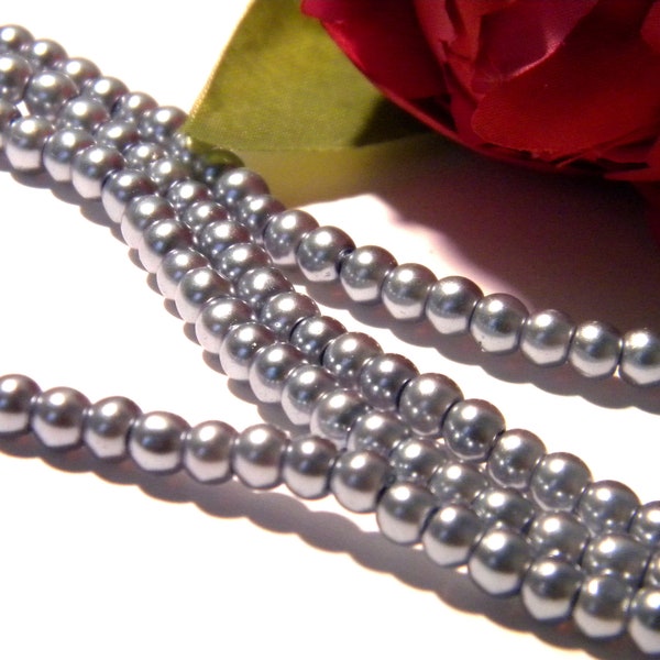 glass beads gray, glass bead, iridescent, pearly glass bead 4 mm - 210 Pcs gray beads, 7 H187