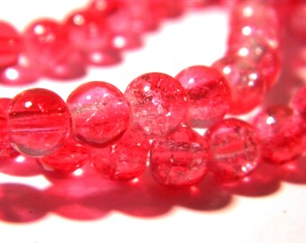 65 perles en verre craquelé -6 mm -grade AA- crépitement de verre - perle verre bicolore-rouge  - G112