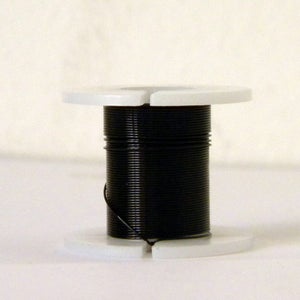 May include: A spool of black wire on a white plastic spool holder.