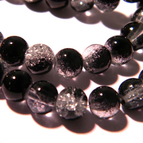 50 perles en verre craquelé 8 mm  translucide - Noir -perle verre bicolore- glass-  G110