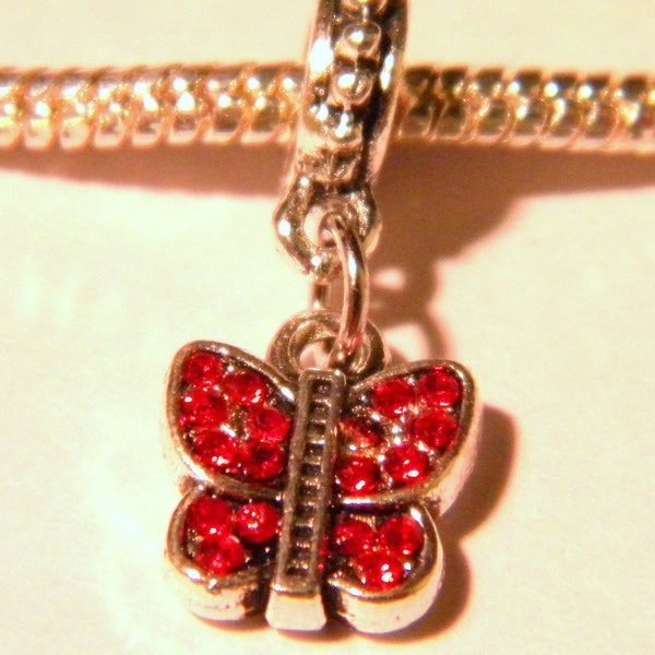 Perle balance pendentif perle europeenne-strass rouge-papillon- 23 mm - D63