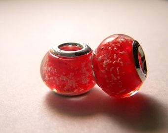 2 perle charm européenne-verre chalumeau -rouge-phosphorescente 14  x 10 mm-C31-2